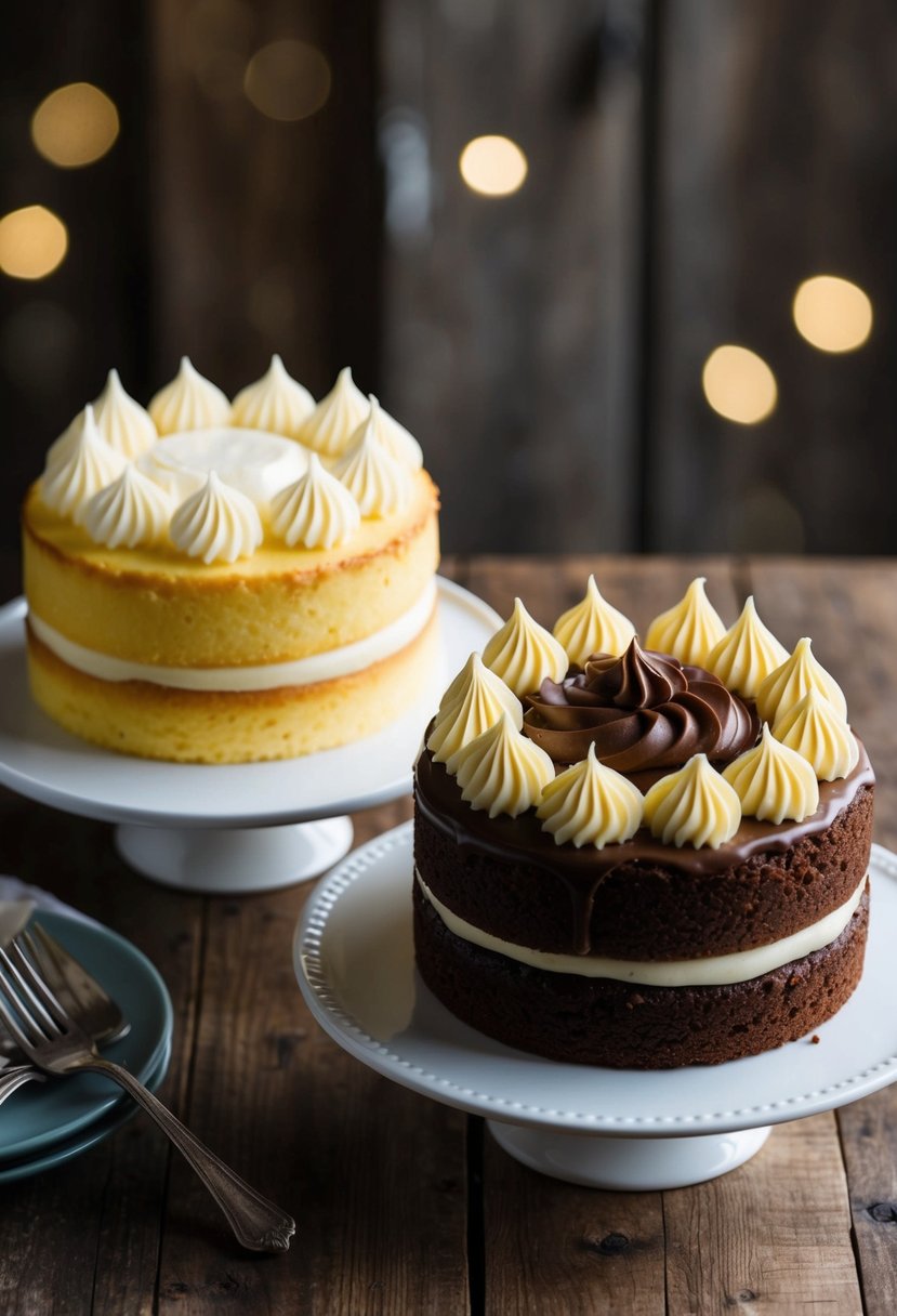 Two decadent yellow cakes topped with contrasting frostings, one light and fluffy, the other rich and creamy, displayed on a rustic wooden table