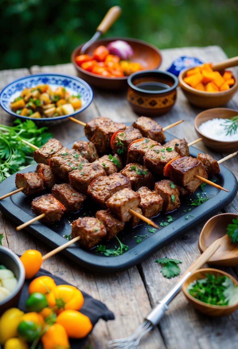 A rustic outdoor table set with skewers of marinated meat, surrounded by traditional Russian ingredients and cooking utensils