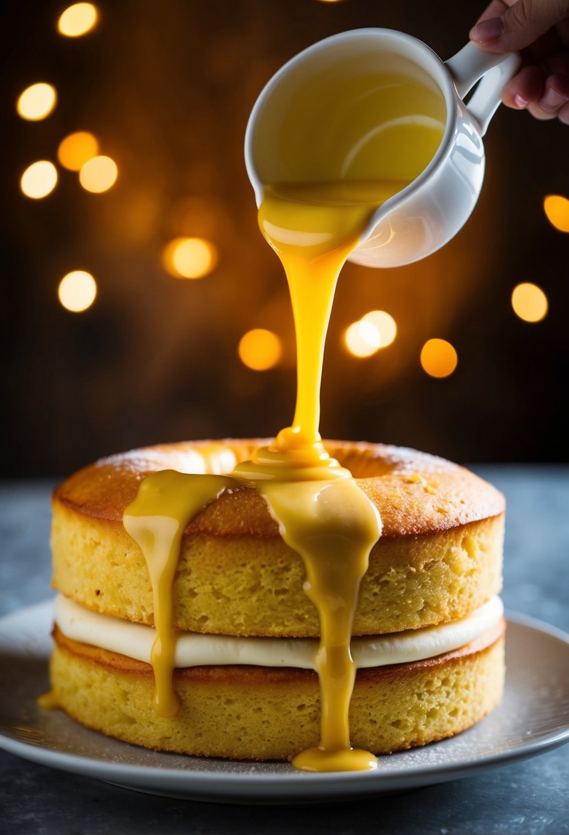 A golden yellow cake being drizzled with a rich, creamy egg yolk glaze