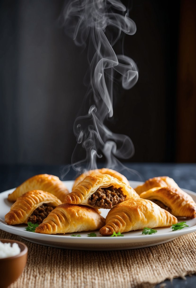 A table set with a platter of golden-brown chebureki, steam rising from the crispy turnovers filled with savory ground beef and onions