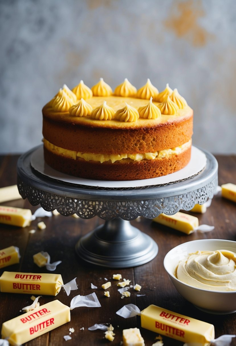 A golden yellow cake sits on a vintage cake stand, surrounded by scattered butter wrappers and a bowl of creamy frosting