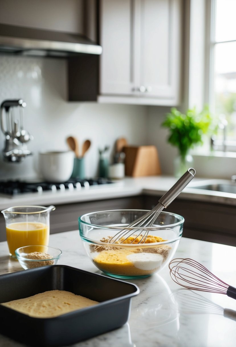 A mixing bowl with ingredients, a whisk, and a cake pan on a kitchen counter