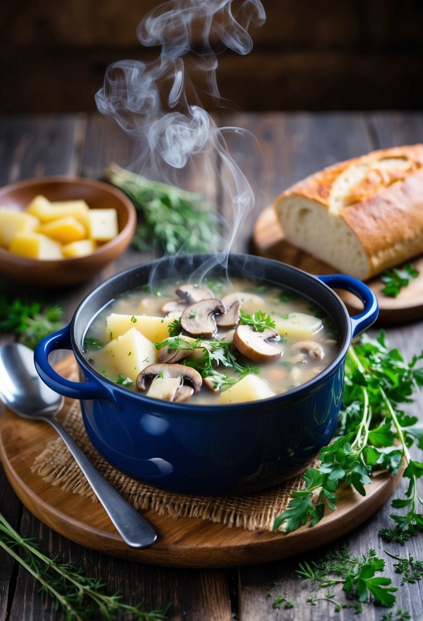 A steaming pot of mushroom and potato soup sits on a rustic wooden table, surrounded by fresh herbs and a loaf of crusty bread