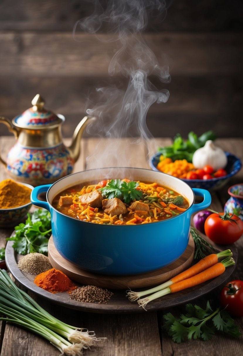 A steaming pot of plov sits atop a rustic wooden table, surrounded by colorful spices, vegetables, and a traditional Uzbeki teapot