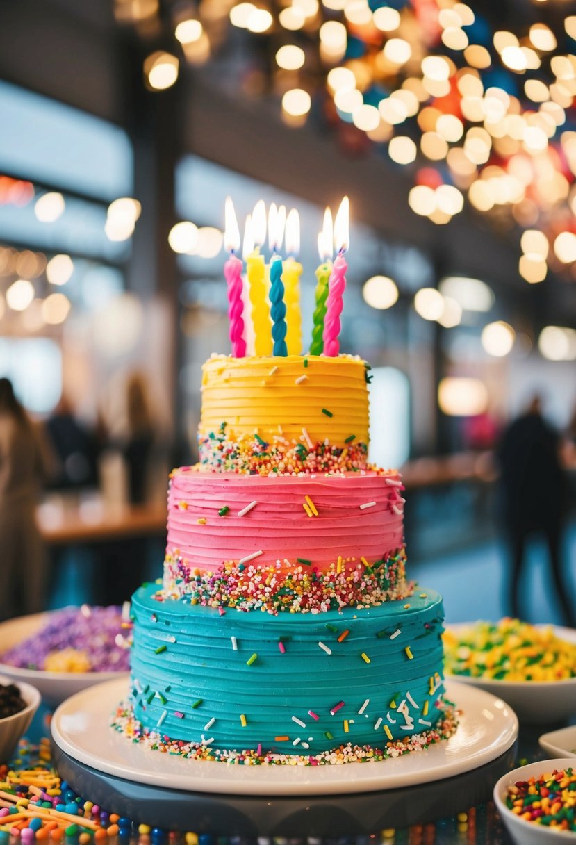 A colorful tiered cake adorned with sprinkles and candles