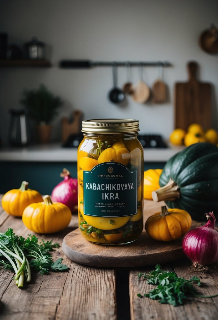 A rustic kitchen table with a jar of Kabachkovaya Ikra, fresh squash, onions, and herbs scattered around