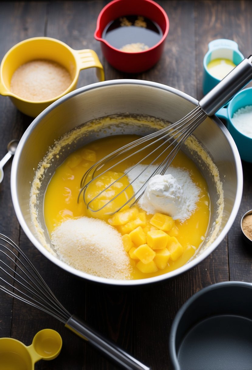 A mixing bowl filled with ingredients for a yellow cake, surrounded by measuring cups and spoons, with a whisk and a cake pan nearby