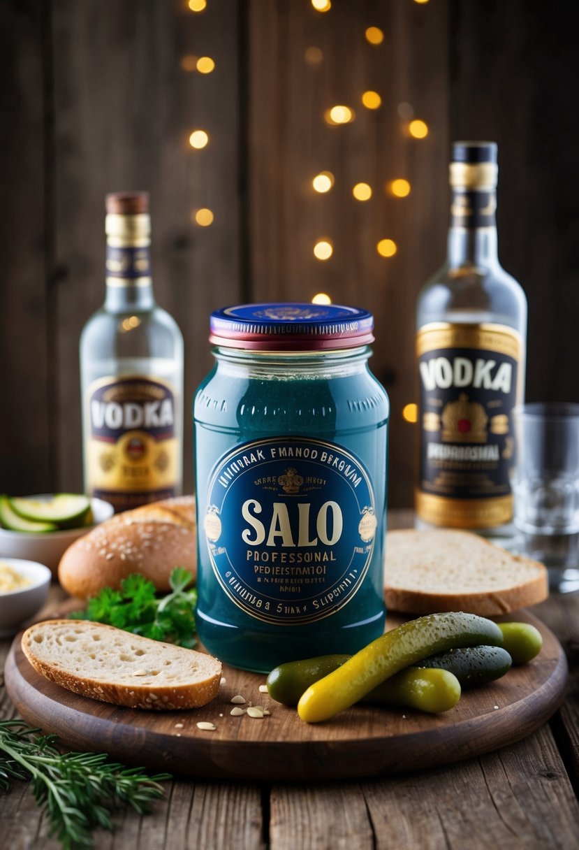 A jar of salo sits on a rustic wooden table, surrounded by traditional Russian ingredients like rye bread, pickles, and vodka