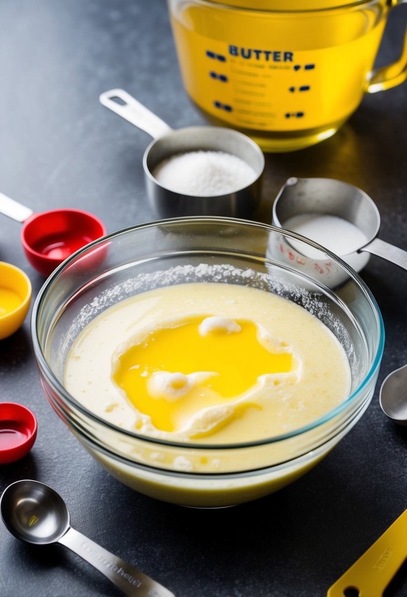 A mixing bowl with ingredients for oil and butter yellow cake, surrounded by measuring cups and spoons