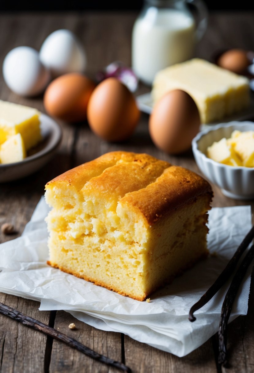 A golden yellow cake, with a moist and delicate crumb, sits on a rustic wooden table, surrounded by fresh ingredients like eggs, butter, and vanilla beans