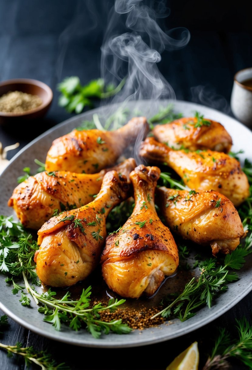 A platter of golden-brown chicken drumsticks surrounded by fresh herbs and spices, with steam rising from the succulent meat