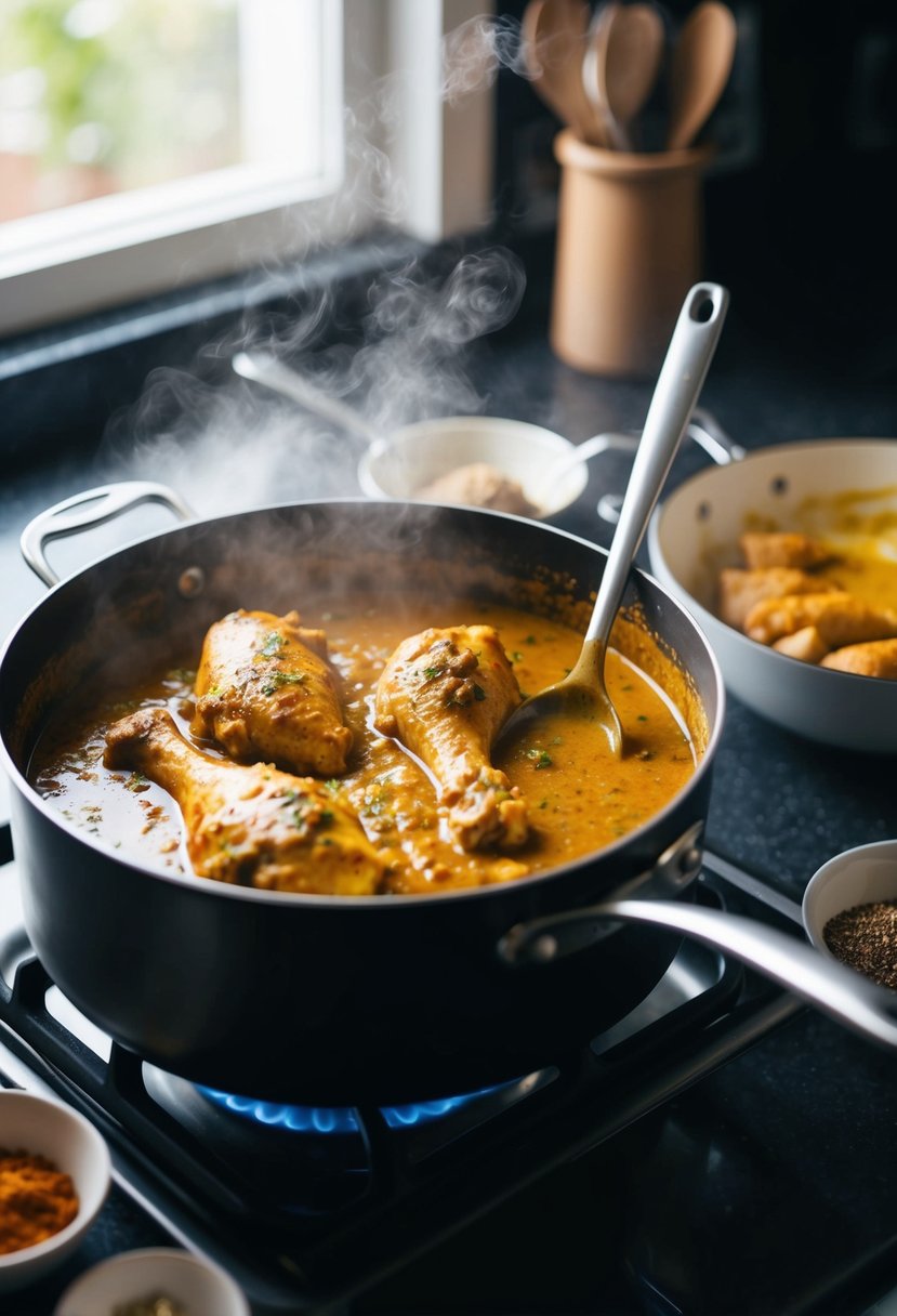 A steaming pot of spicy curry sauce simmers, as chicken drumsticks are added, filling the kitchen with aromatic spices