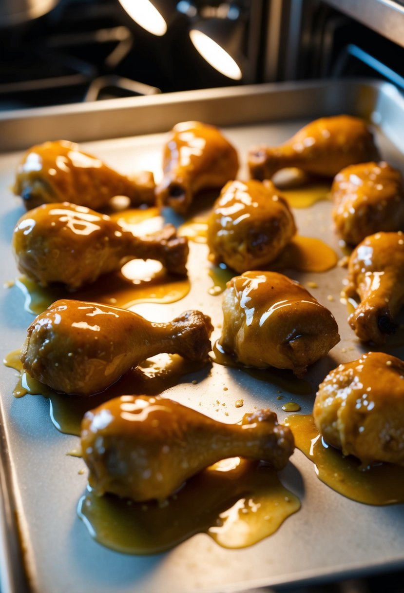 Chicken drumsticks coated in honey-soy glaze, arranged on a baking sheet. The glaze glistens under the oven light as the drumsticks bake to golden perfection