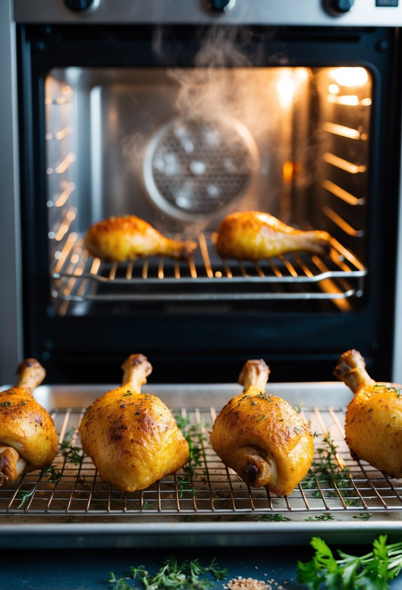 Golden drumsticks on a wire rack above a baking sheet with herbs and spices scattered around. A steaming oven in the background