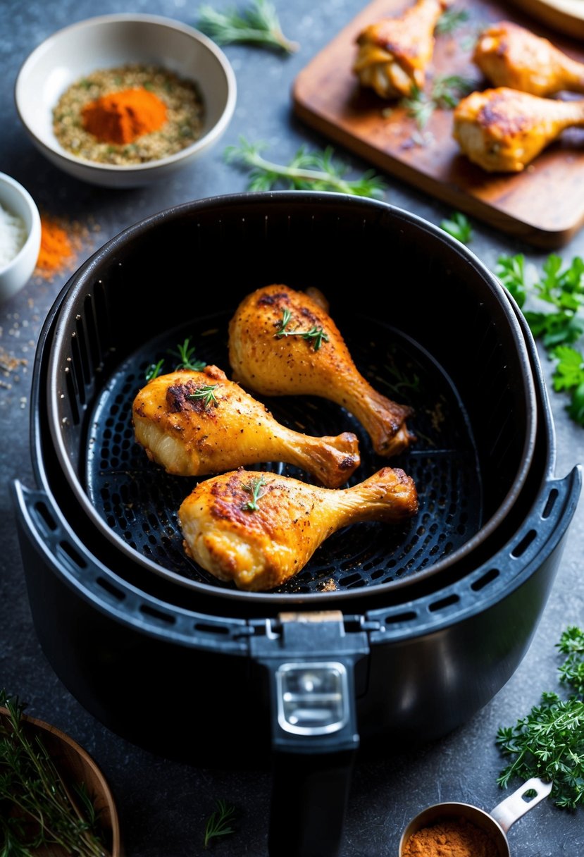 Chicken drumsticks sizzling in an air fryer, surrounded by aromatic herbs and spices