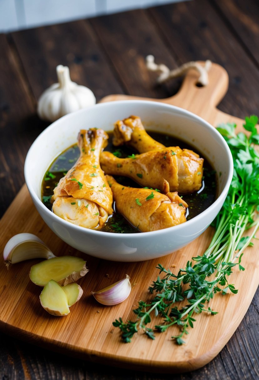 A bowl of marinated chicken drumsticks surrounded by ginger and garlic cloves, with a sprig of fresh herbs on a wooden cutting board