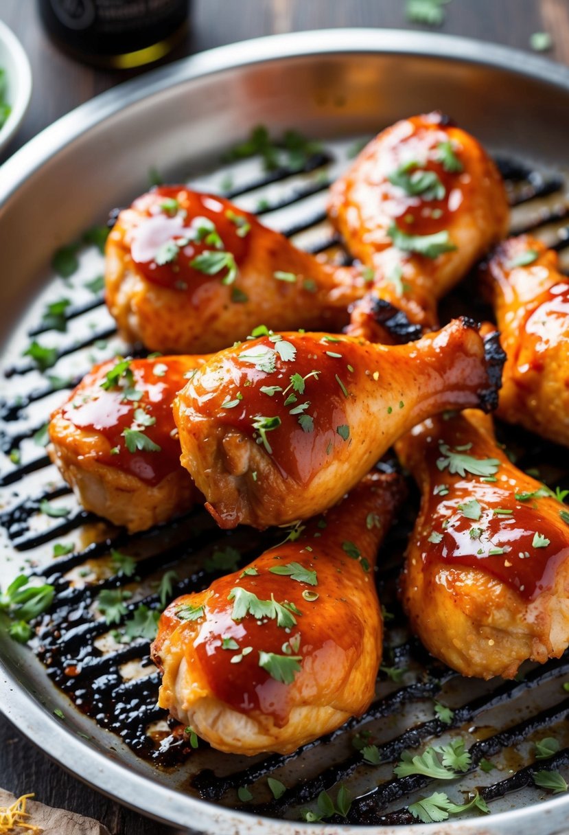 A platter of glistening BBQ glazed chicken drumsticks, surrounded by charred grill marks and sprinkled with chopped herbs