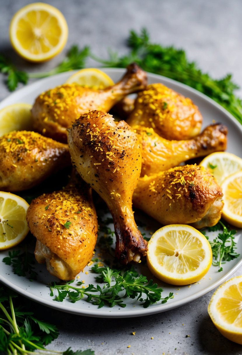 A platter of golden-brown drumsticks sprinkled with zesty lemon-pepper seasoning, surrounded by fresh herbs and slices of lemon