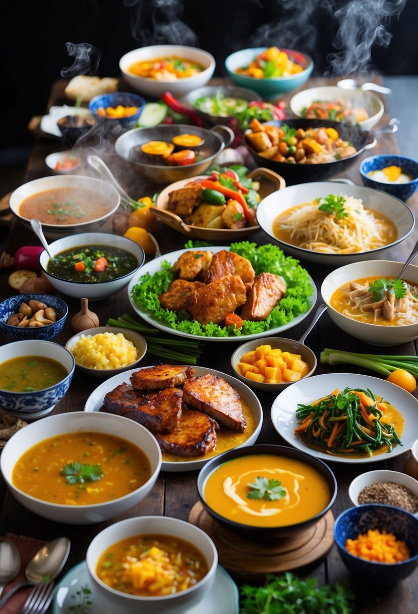 A table filled with various savory dishes, including steaming soups, sizzling stir-fries, and fragrant roasted meats, surrounded by colorful ingredients and cooking utensils