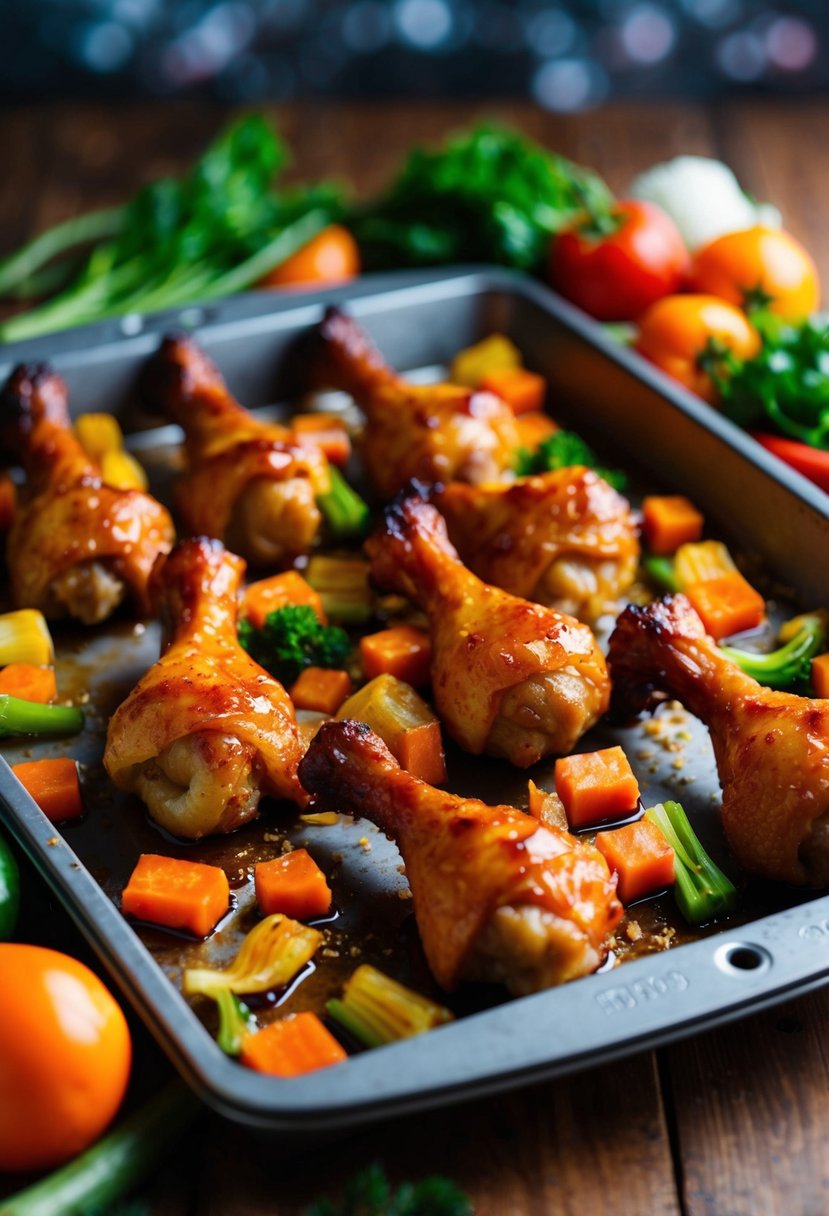 A baking tray filled with golden-brown, sticky drumsticks, glistening with a sweet and sour glaze, surrounded by vibrant, colorful vegetables