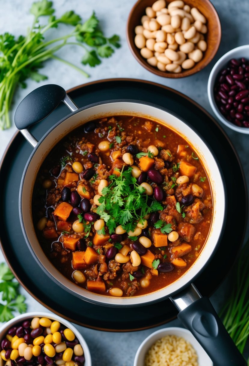 A steaming pot of vegan chili surrounded by a variety of colorful mixed beans and fresh herbs