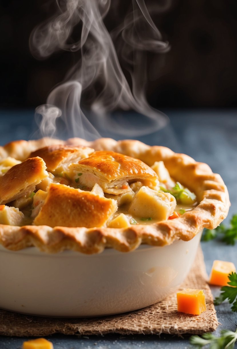 A golden-brown chicken pot pie emerges from the oven, steam rising from the flaky crust filled with creamy, savory filling and chunks of tender chicken and vegetables