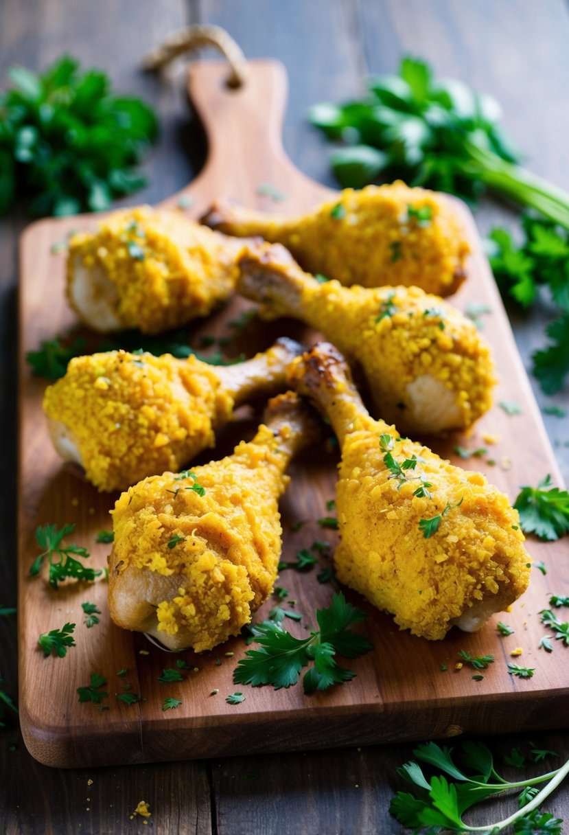 Golden-brown drumsticks coated in a mustard and herb crust, arranged on a rustic wooden cutting board with fresh herbs scattered around