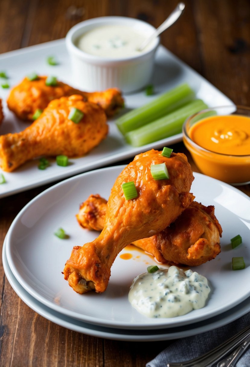 A plate of buffalo-style chicken drumsticks with a side of celery and blue cheese dressing