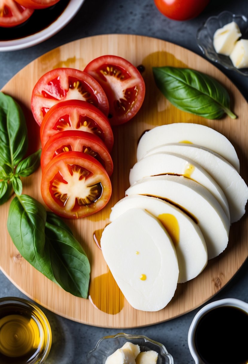 A wooden cutting board with sliced tomatoes, fresh mozzarella, and basil leaves, surrounded by balsamic glaze and olive oil