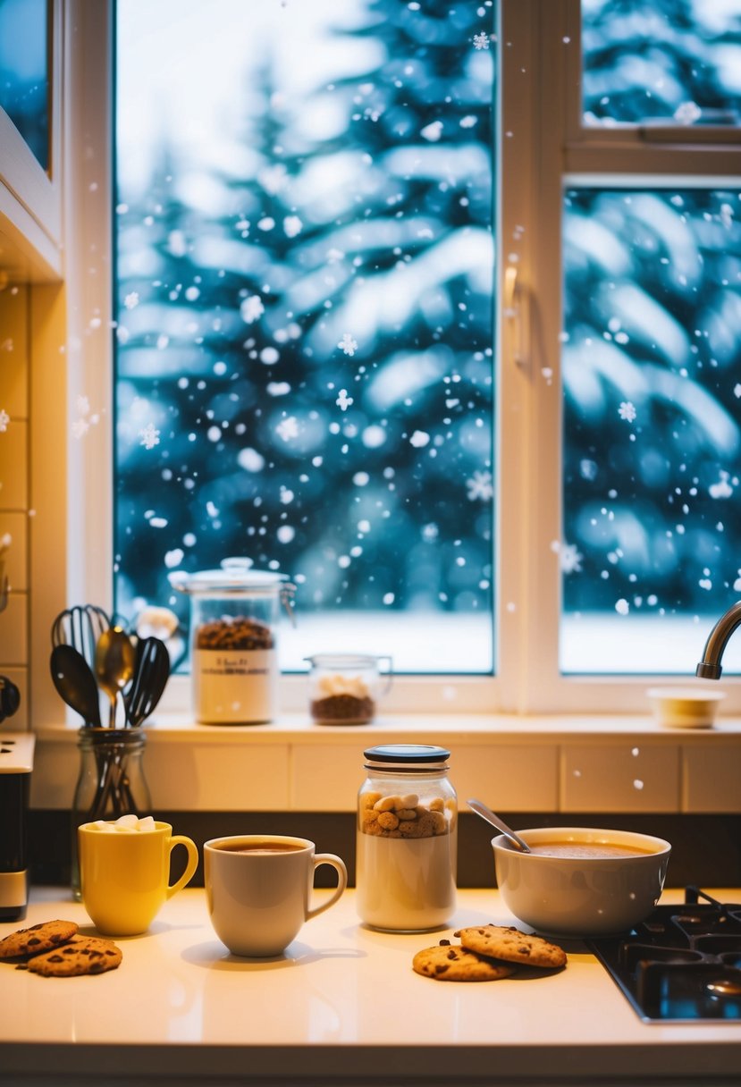 A cozy kitchen with ingredients for hot cocoa, soup, and cookies on the counter. Snowflakes fall outside the window