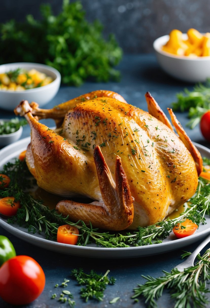 A golden-brown herbed roast turkey breast on a platter surrounded by fresh herbs and vegetables