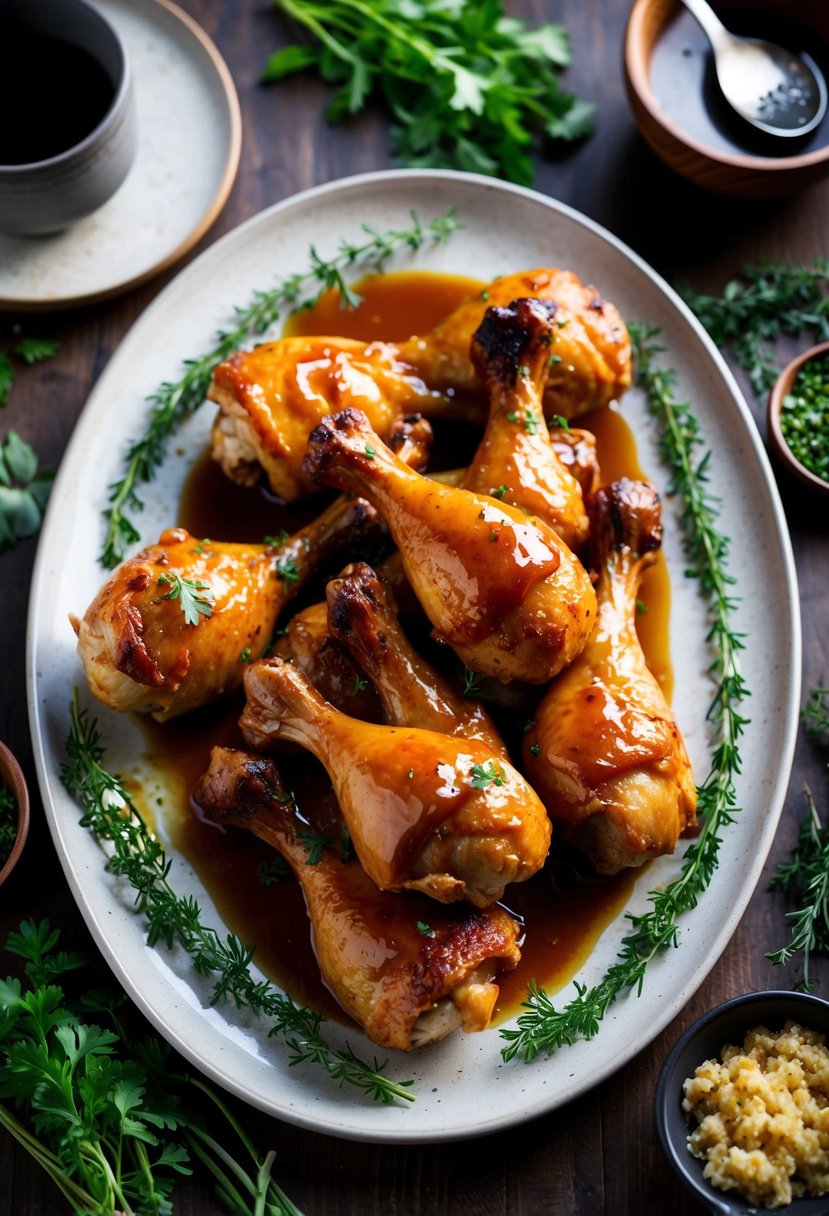 A platter of roasted chicken drumsticks coated in a sticky maple garlic glaze, surrounded by fresh herbs and garnishes