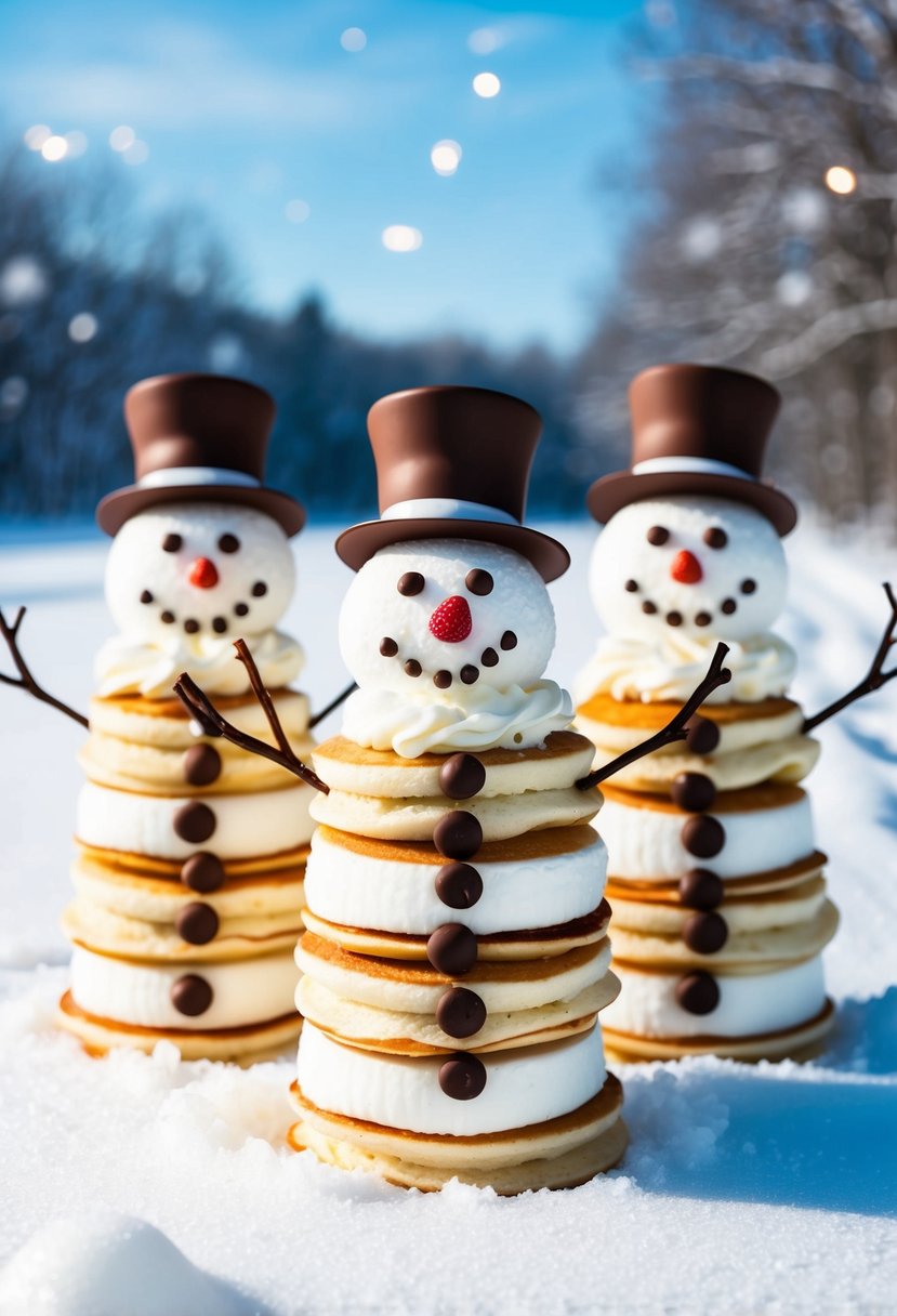 Three snowmen with banana pancake bodies, topped with whipped cream, chocolate chip eyes, and a strawberry nose, stand in a snowy landscape