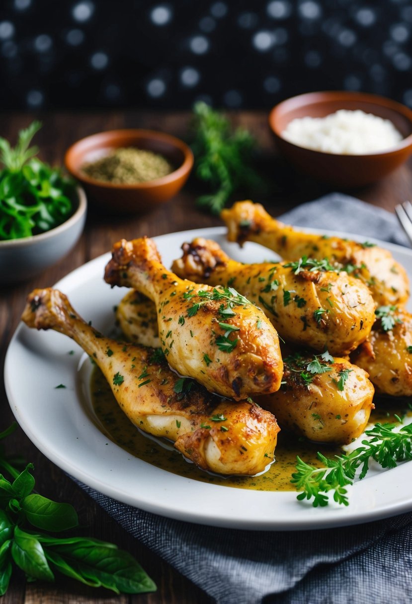 A platter of Italian herb chicken drumsticks with fresh herbs and spices