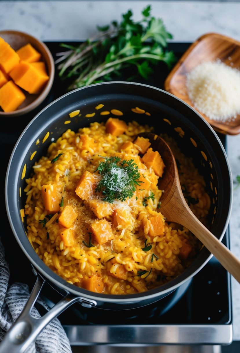 A pot of creamy butternut squash risotto simmering on a stove, surrounded by fresh herbs, a wooden spoon, and a sprinkle of Parmesan cheese