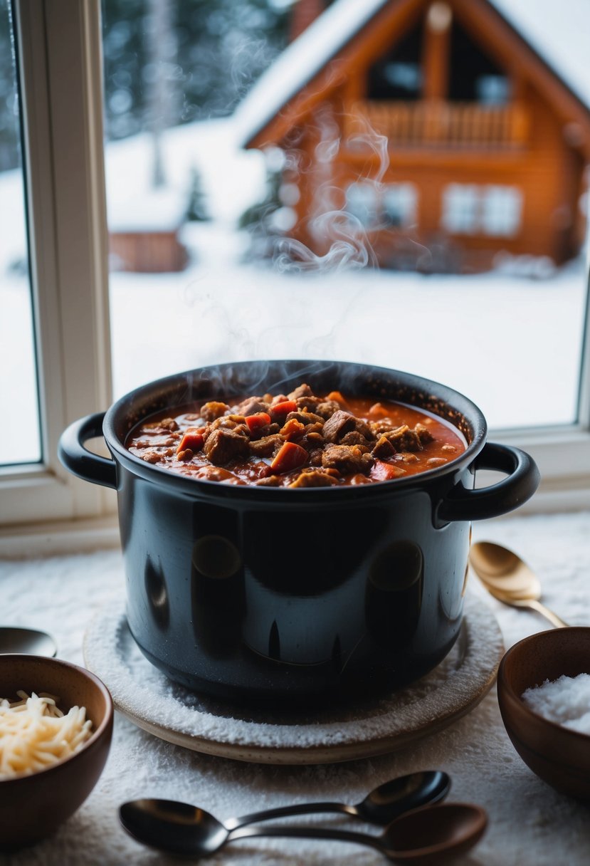 A steaming pot of classic beef chili sits on a snowy windowsill, surrounded by rustic bowls and spoons. A cozy cabin is visible in the background