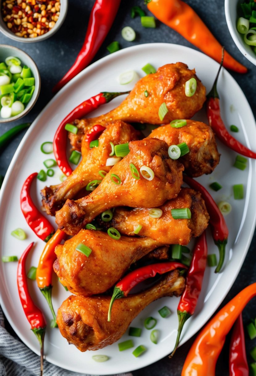 A plate of Szechuan Spicy Drumsticks, surrounded by vibrant red chili peppers and sprinkled with chopped green onions