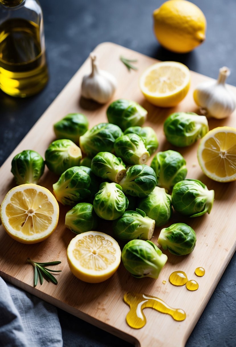 Fresh Brussels sprouts on a cutting board, surrounded by halved lemons, garlic cloves, and a drizzle of olive oil