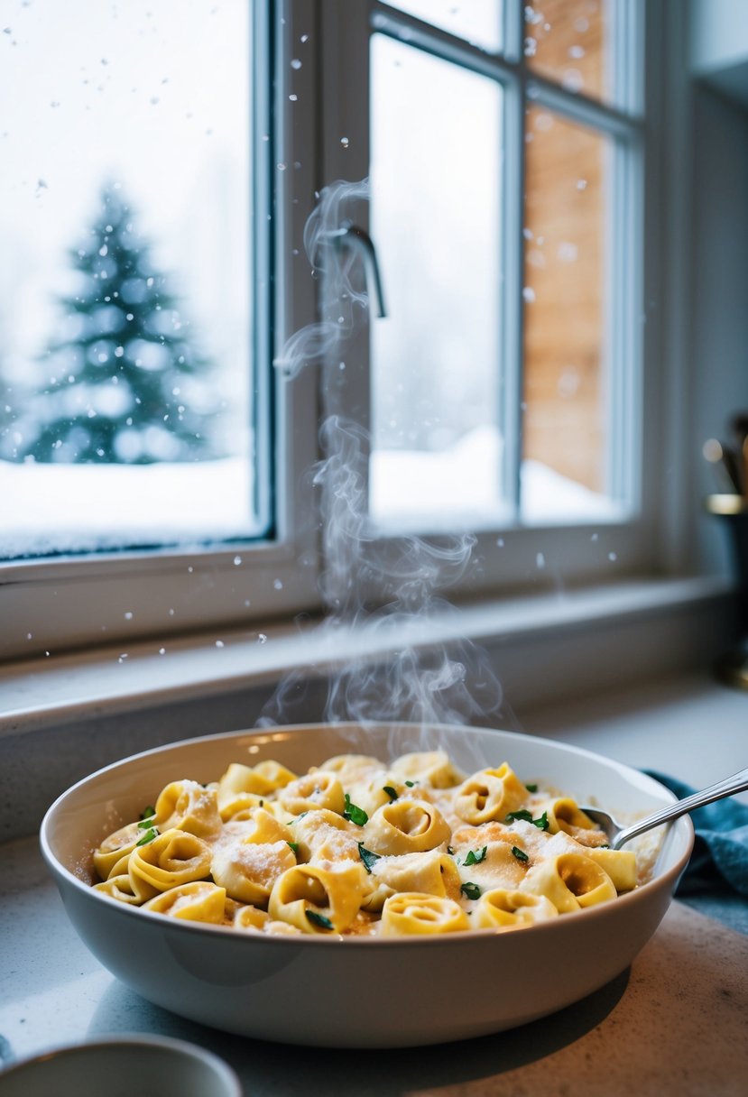 A cozy kitchen with a steaming dish of baked tortellini alfredo, snow falling outside the window