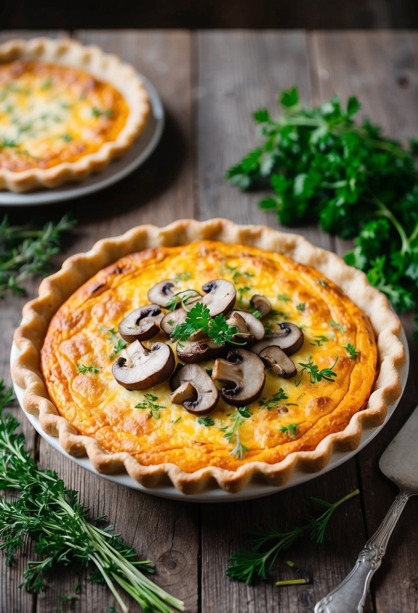 A golden-brown mushroom and cheese quiche sits on a rustic wooden table, surrounded by fresh herbs and a vintage pie server