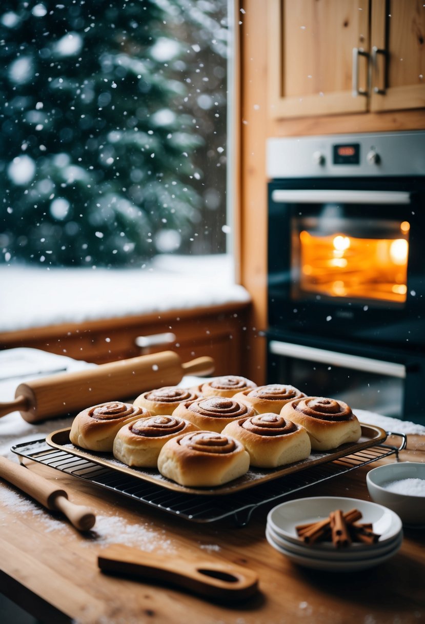 A cozy kitchen with a warm oven, a rolling pin, and a tray of freshly baked cinnamon rolls, surrounded by falling snow outside