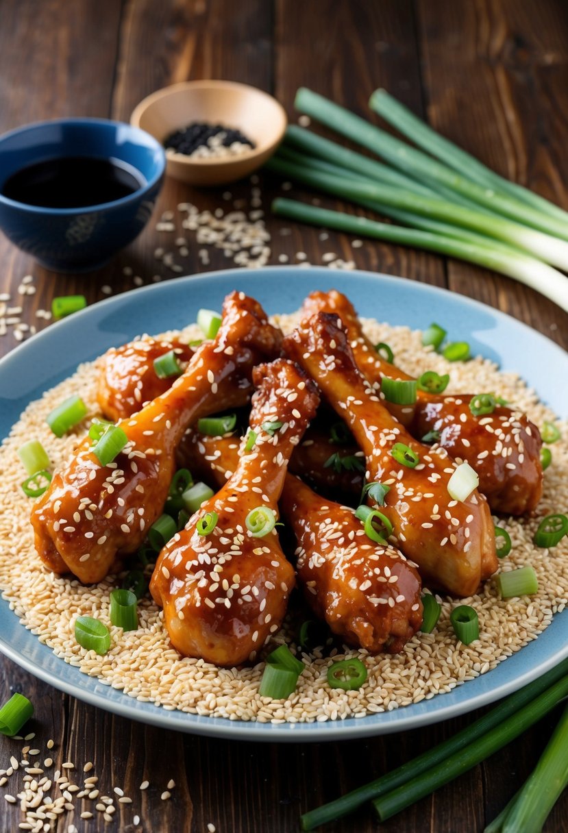 A platter of teriyaki sesame drumsticks surrounded by sesame seeds and garnished with fresh green onions