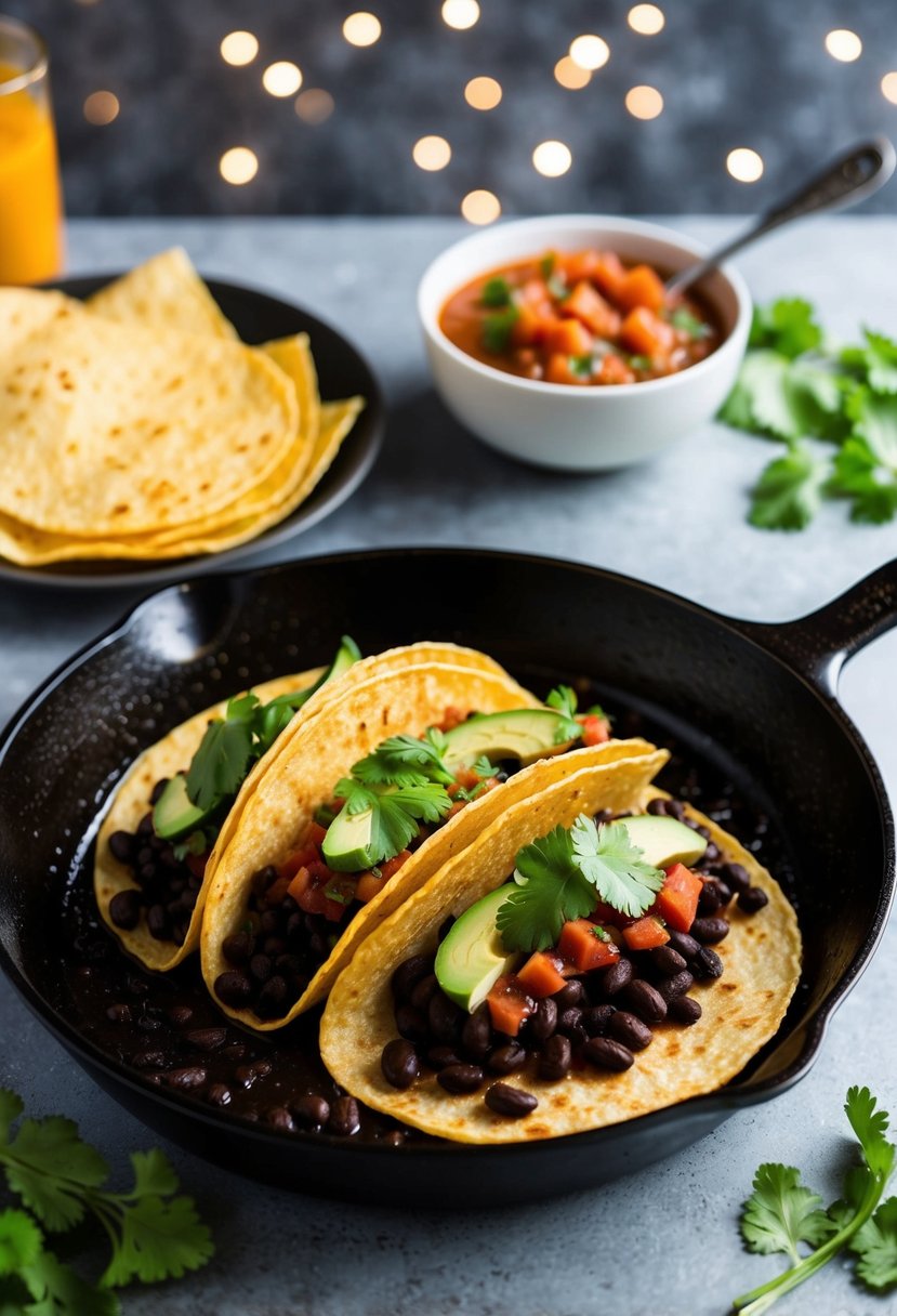 A sizzling skillet of black bean tacos with a side of spicy salsa and fresh cilantro garnish