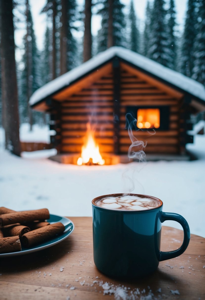 A cozy cabin in a snowy forest, with a steaming mug of hot chocolate on a table next to a crackling fireplace