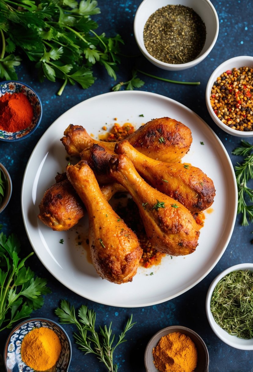 A plate of Moroccan spiced drumsticks surrounded by vibrant spices and herbs