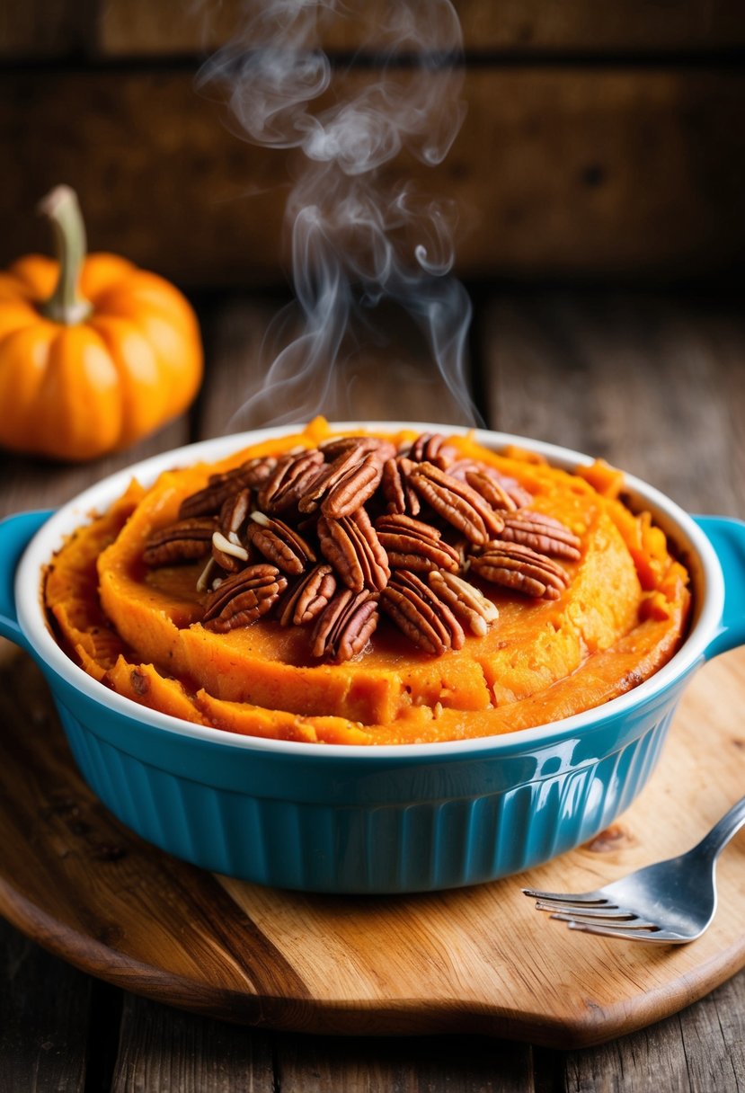 A golden-brown sweet potato casserole, topped with a layer of crunchy pecans, sits steaming on a rustic wooden table