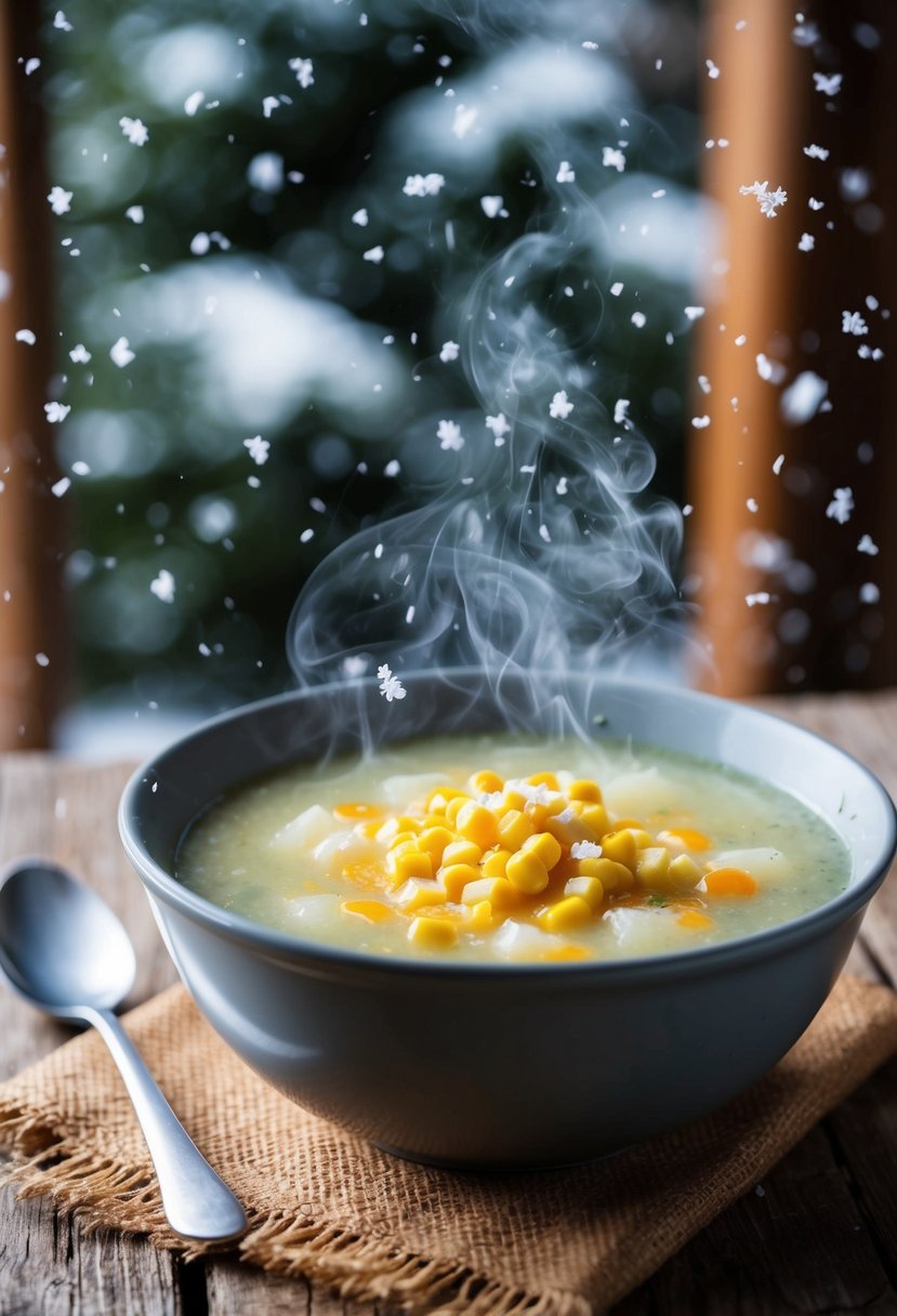 A steaming bowl of potato soup with sweet corn sits on a rustic wooden table, surrounded by snowflakes falling gently outside