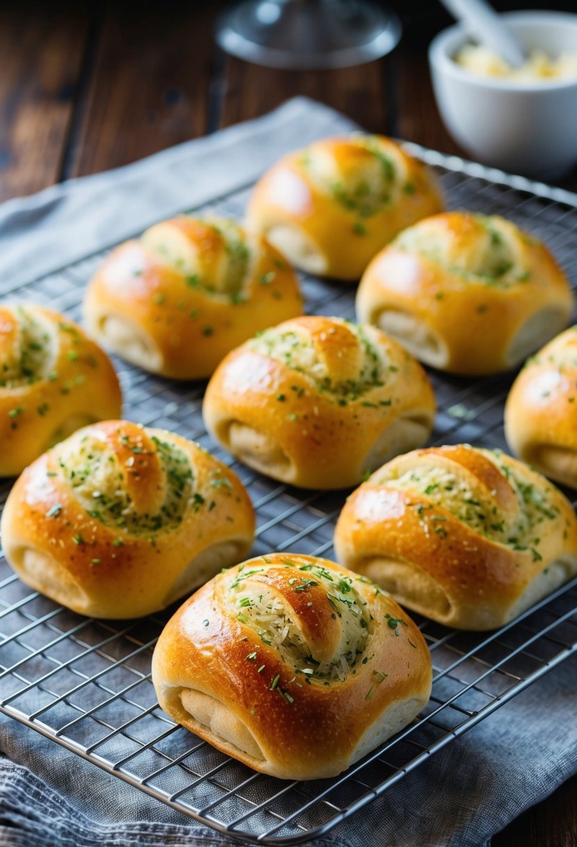 A golden tray of garlic herb bread rolls cooling on a wire rack