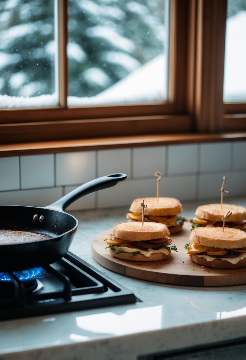 A cozy kitchen with a sizzling skillet, golden-brown Monte Cristo sandwiches, and a snowy window view