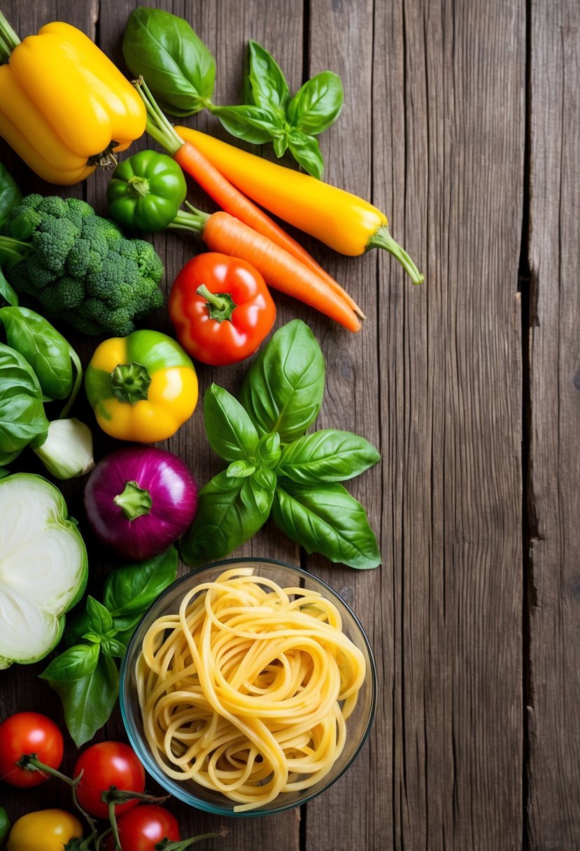 A colorful array of fresh vegetables, basil leaves, and cooked pasta arranged on a rustic wooden table